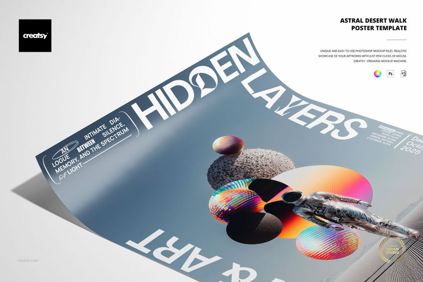 Curved poster mockup displaying an astral desert scene with layered spheres, textured rocks, and gradient colors.