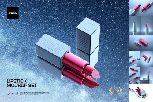 Lipstick mockup featuring two red lipsticks with silver square caps, set on a cosmic-themed backdrop.