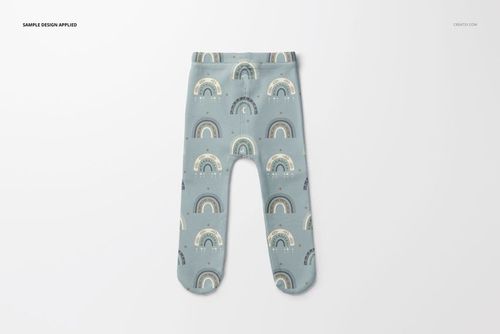 Mockup of baby leggings with feet, featuring a repeating rainbow design in muted colors, shown from above.