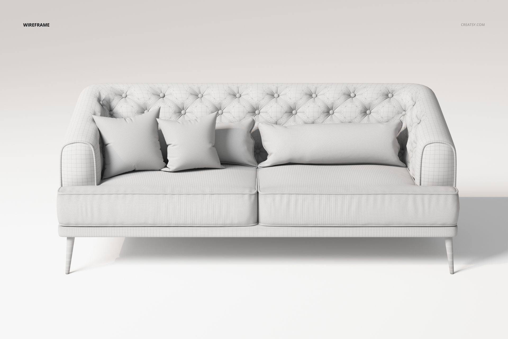 Front view of a luxurious dimple sofa in light gray, featuring tufted backrest and four matching cushions.