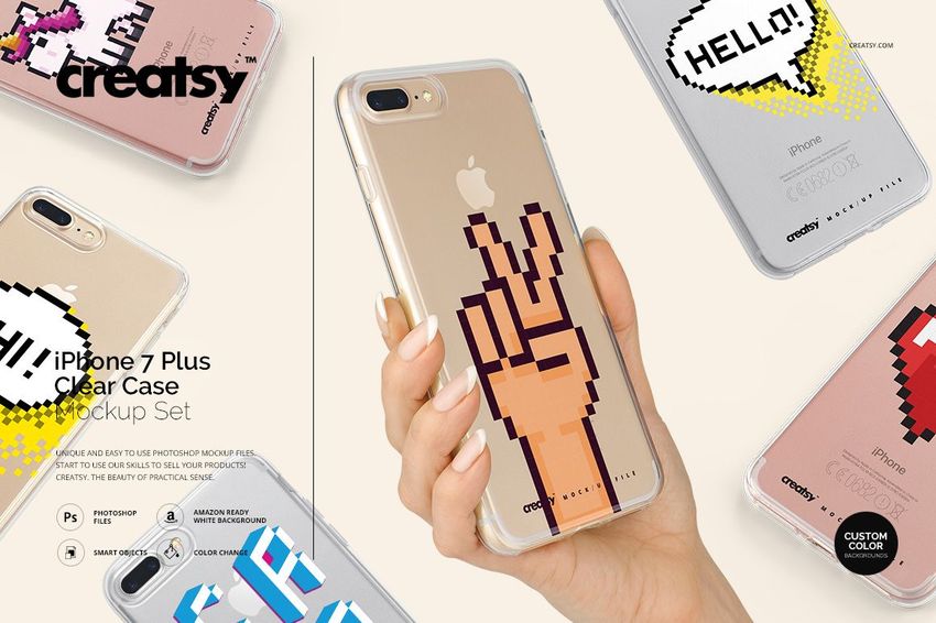 Assorted clear iPhone 7 Plus case mockups featuring pixel graphics, shown from above with one case held in a hand.