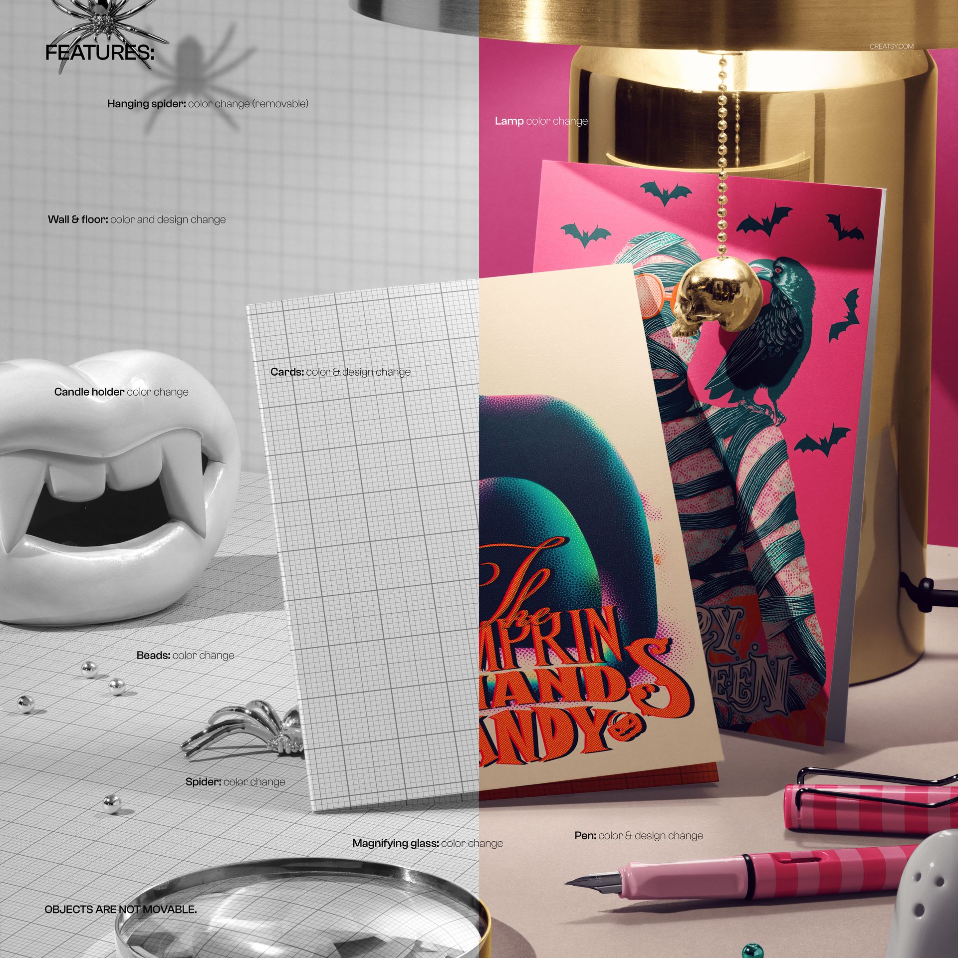 Halloween greeting card PSD mockup featuring two cards on a decorated desk with spiders, beads, and a glowing lamp.