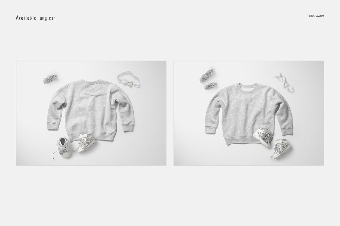 Two views of a heather gray baby sweatshirt mockup set, shown with baby shoes and small props on a white background.