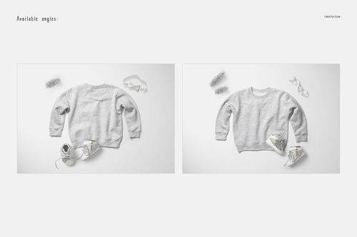 Two views of a heather gray baby sweatshirt mockup set, shown with baby shoes and small props on a white background.