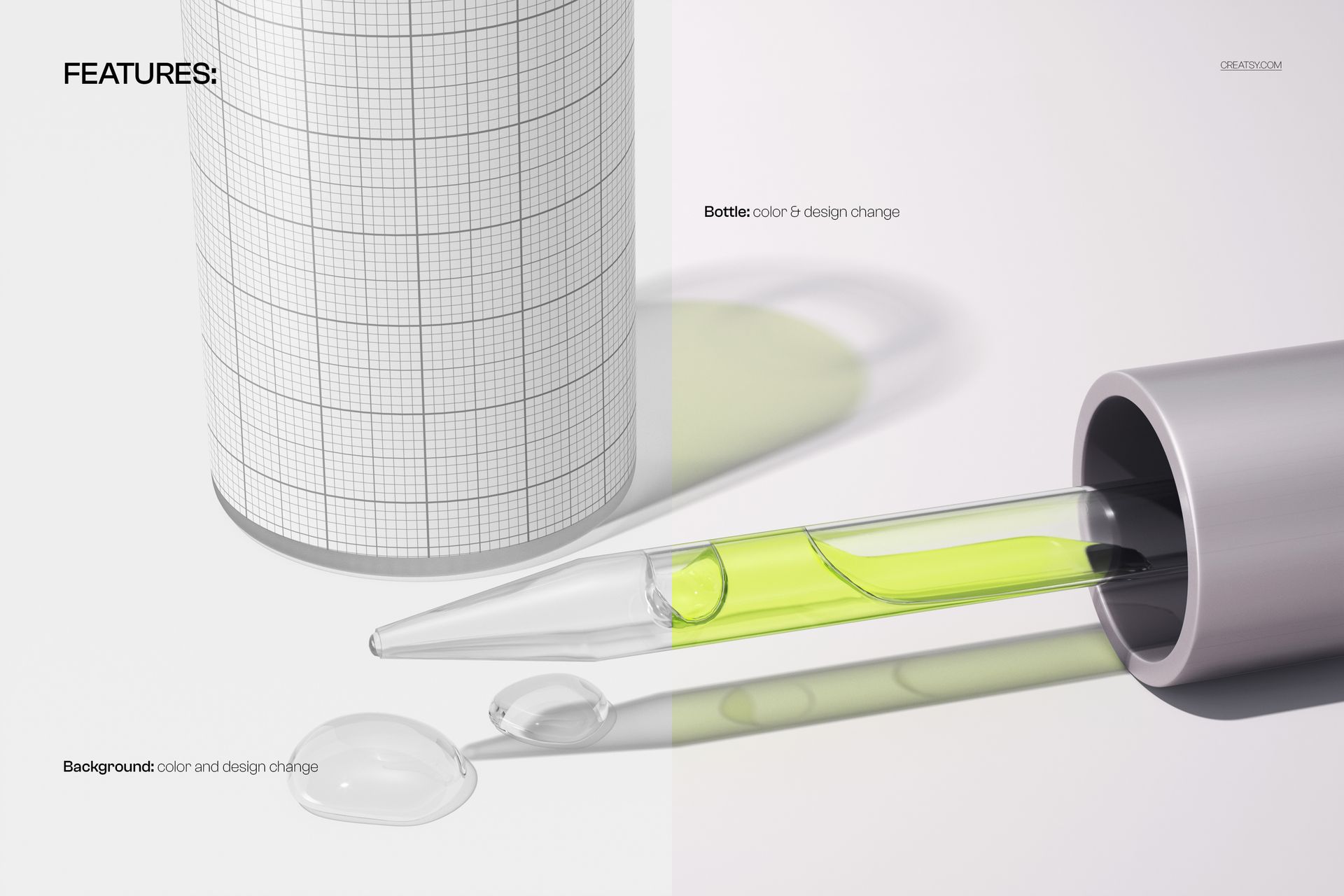 PSD mockup showing a transparent pipette containing yellow serum, with two droplets and a grid-patterned bottle in the background.