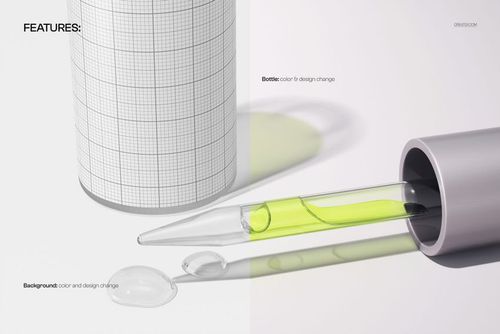 PSD mockup showing a transparent pipette containing yellow serum, with two droplets and a grid-patterned bottle in the background.