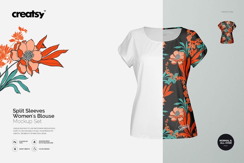 Front view of a women's split sleeves blouse mockup featuring a bold floral pattern in orange and gray on a white background.