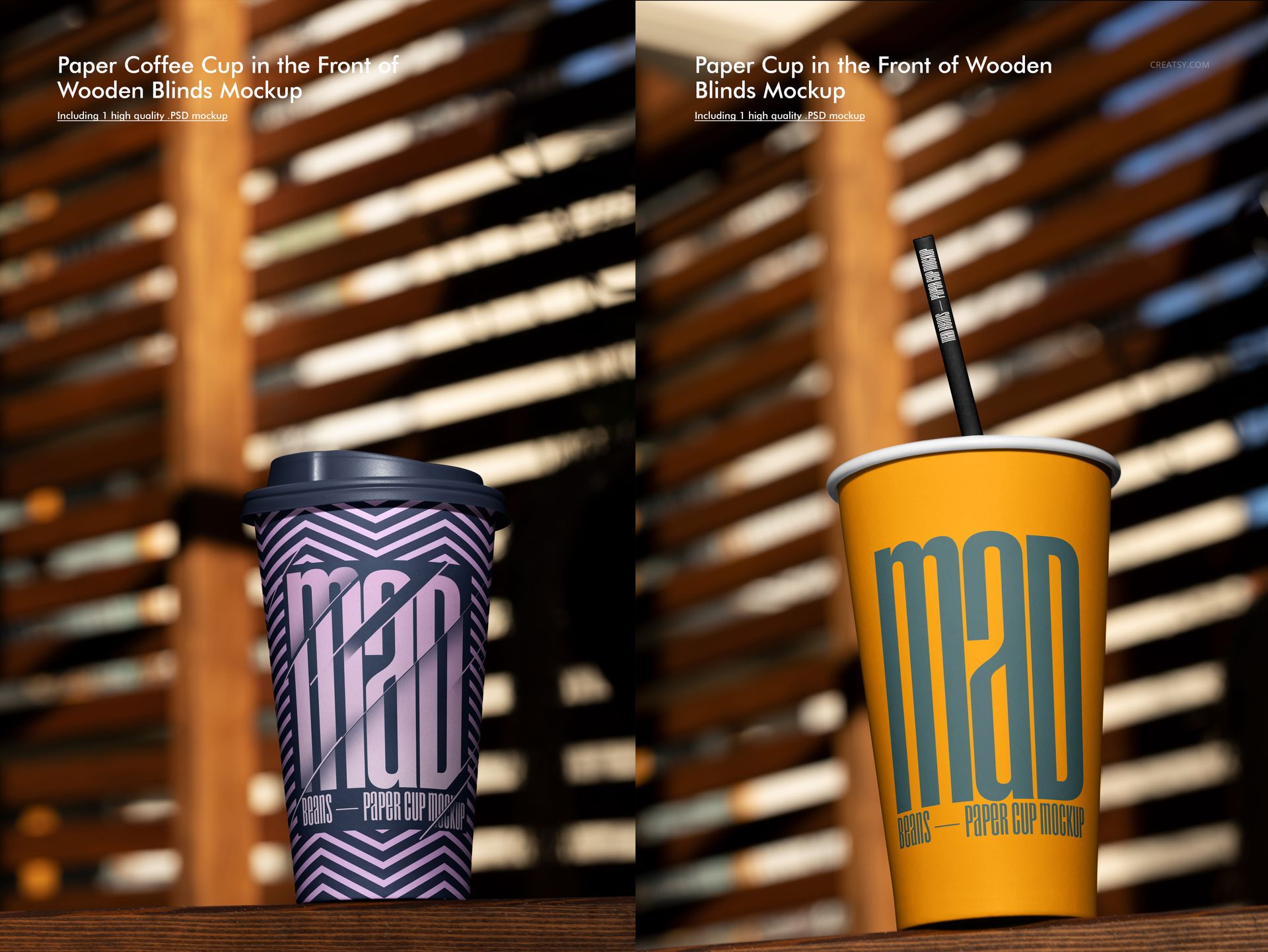 Mockup of two paper cups featuring different artwork, set against a background of horizontal wooden slats in sunlight.