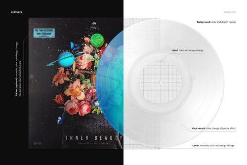 Front view of a vinyl record and cover mockup with a fade effect, featuring a colorful cosmic and floral design.