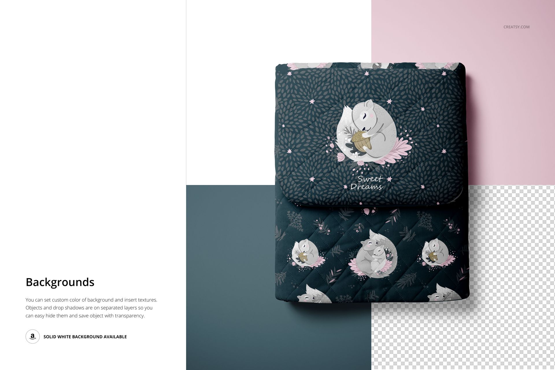 Top view of a baby bedding set mockup with pillow and quilt, showing a whimsical animal design on dark fabric.