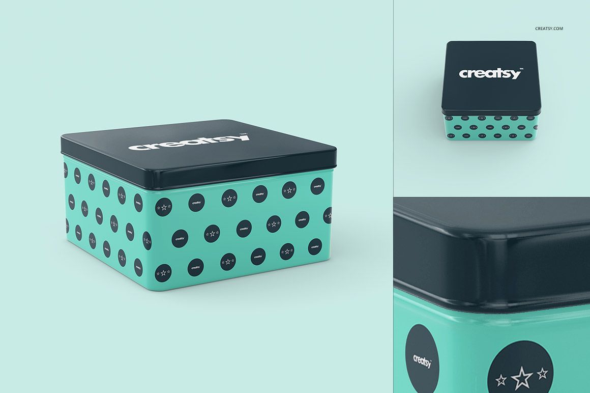 Turquoise metal box mockup with black lid and dotted pattern, displayed from a slightly elevated front perspective.