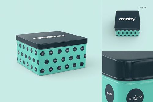 Turquoise metal box mockup with black lid and dotted pattern, displayed from a slightly elevated front perspective.