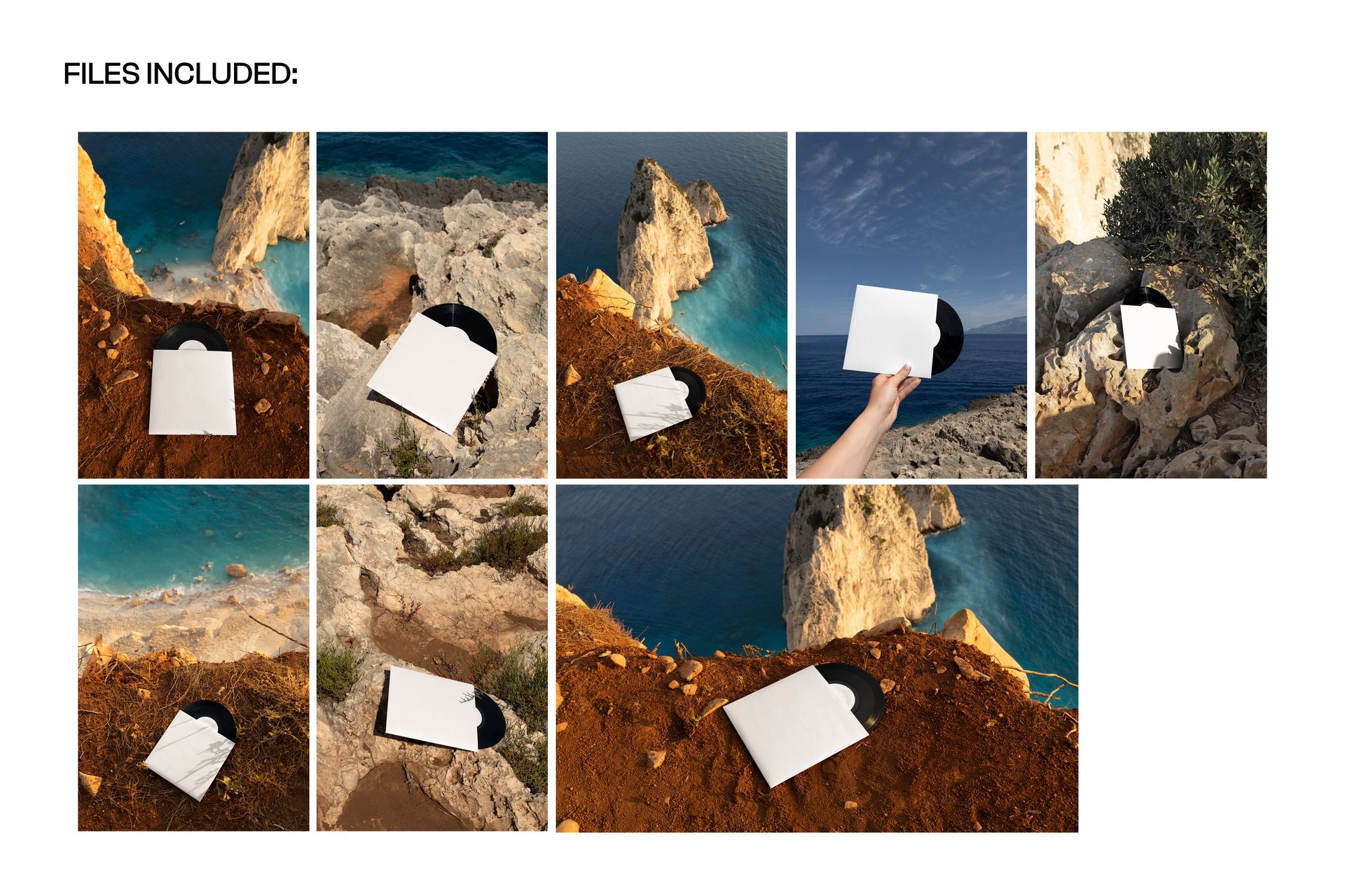 Black vinyl record mockup displayed outdoors on rocky cliffs and dirt, shown in various angles and lighting.