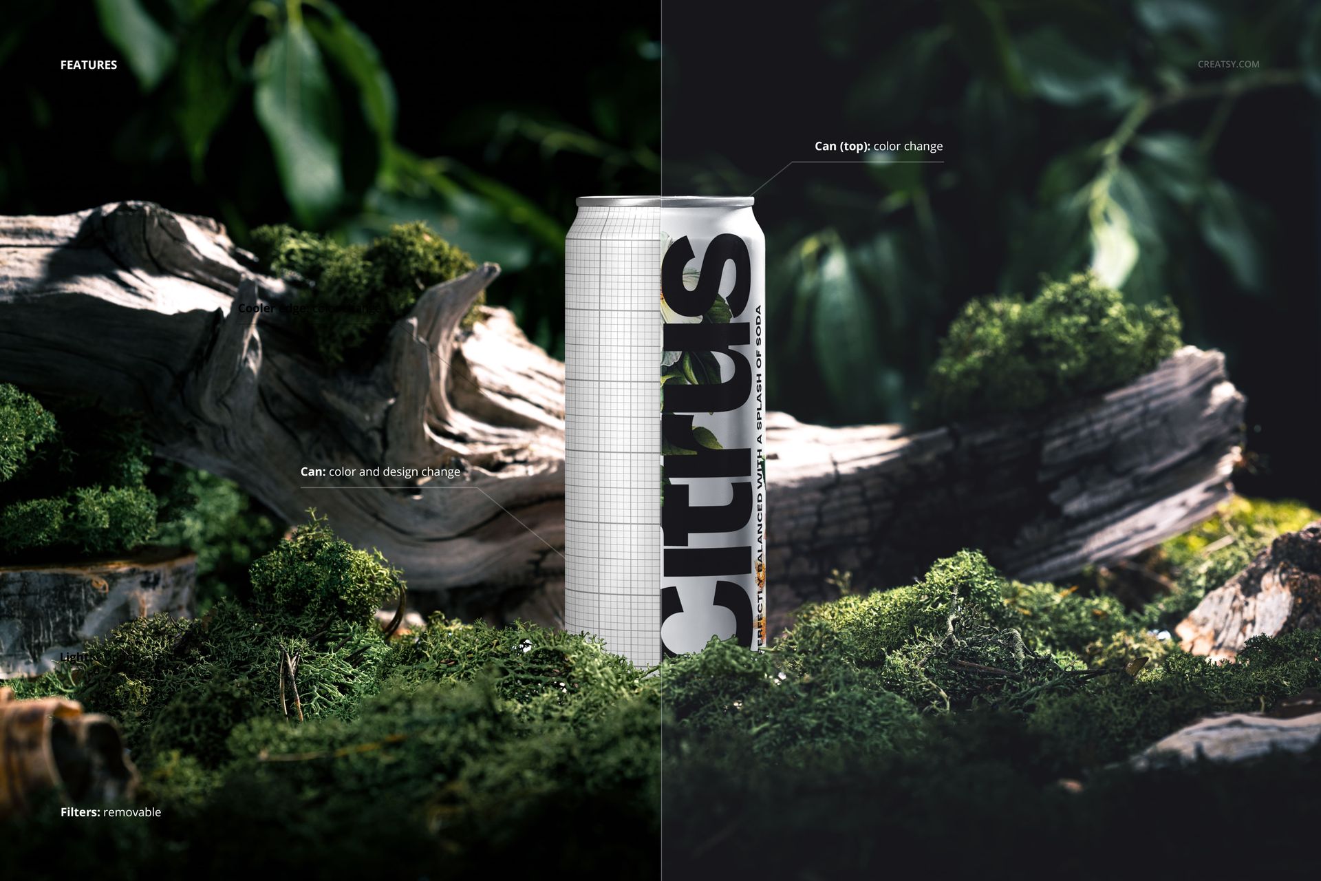 330ml can mockup standing upright on moss and wood in a forest nature scene, surrounded by green foliage.