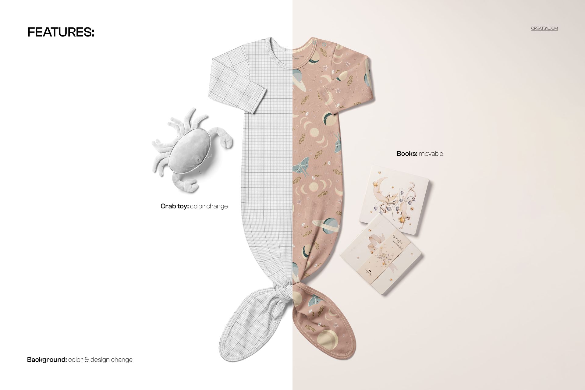 Baby knotted gown mockup shown from top view, half with grid pattern and half with pastel moon and star design, crab toy and booklets nearby.