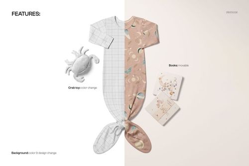 Baby knotted gown mockup shown from top view, half with grid pattern and half with pastel moon and star design, crab toy and booklets nearby.