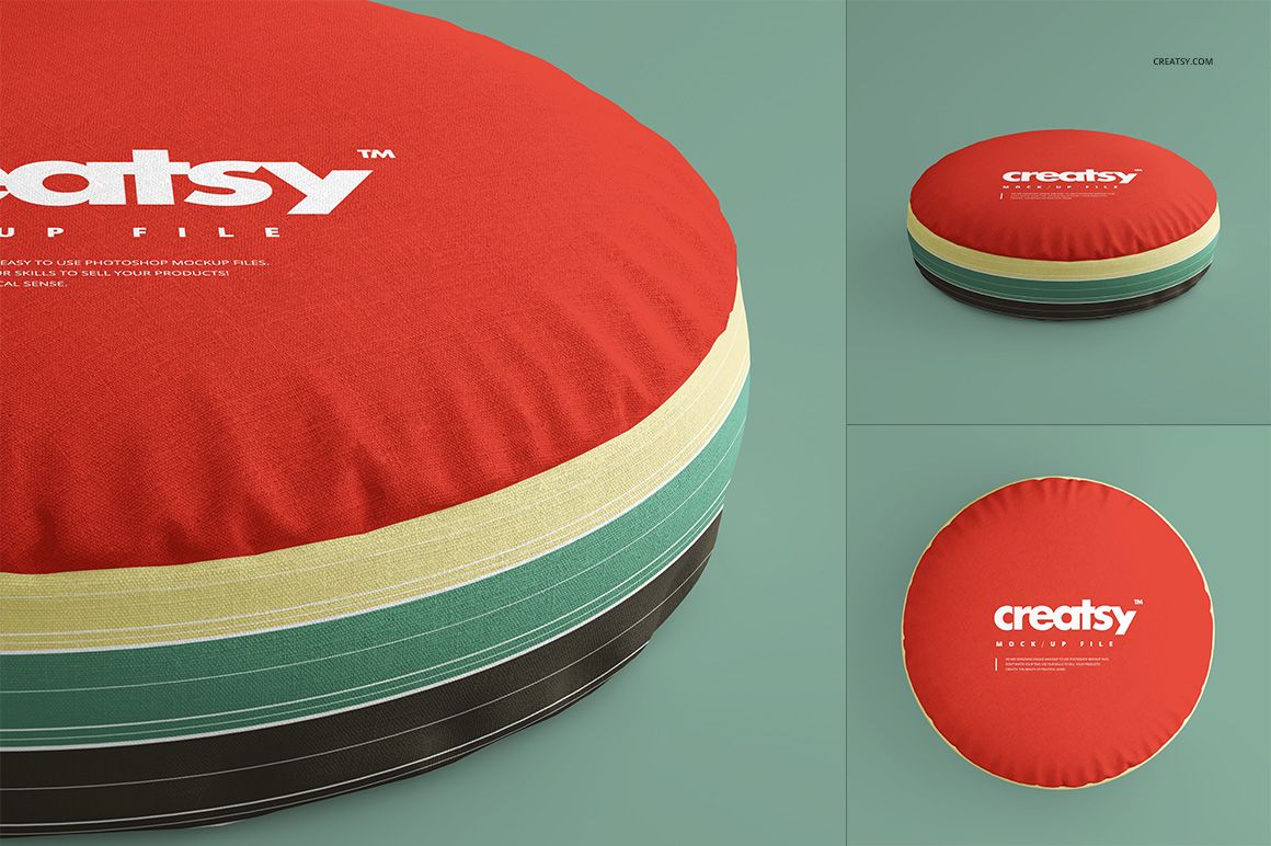 PSD mockup of two round cotton pillows featuring colorful striped sides and a bold red top, displayed from multiple angles.
