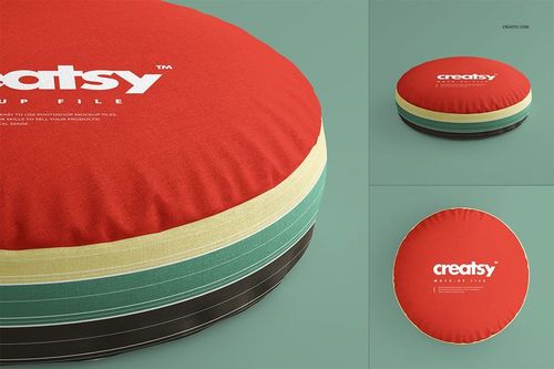 PSD mockup of two round cotton pillows featuring colorful striped sides and a bold red top, displayed from multiple angles.