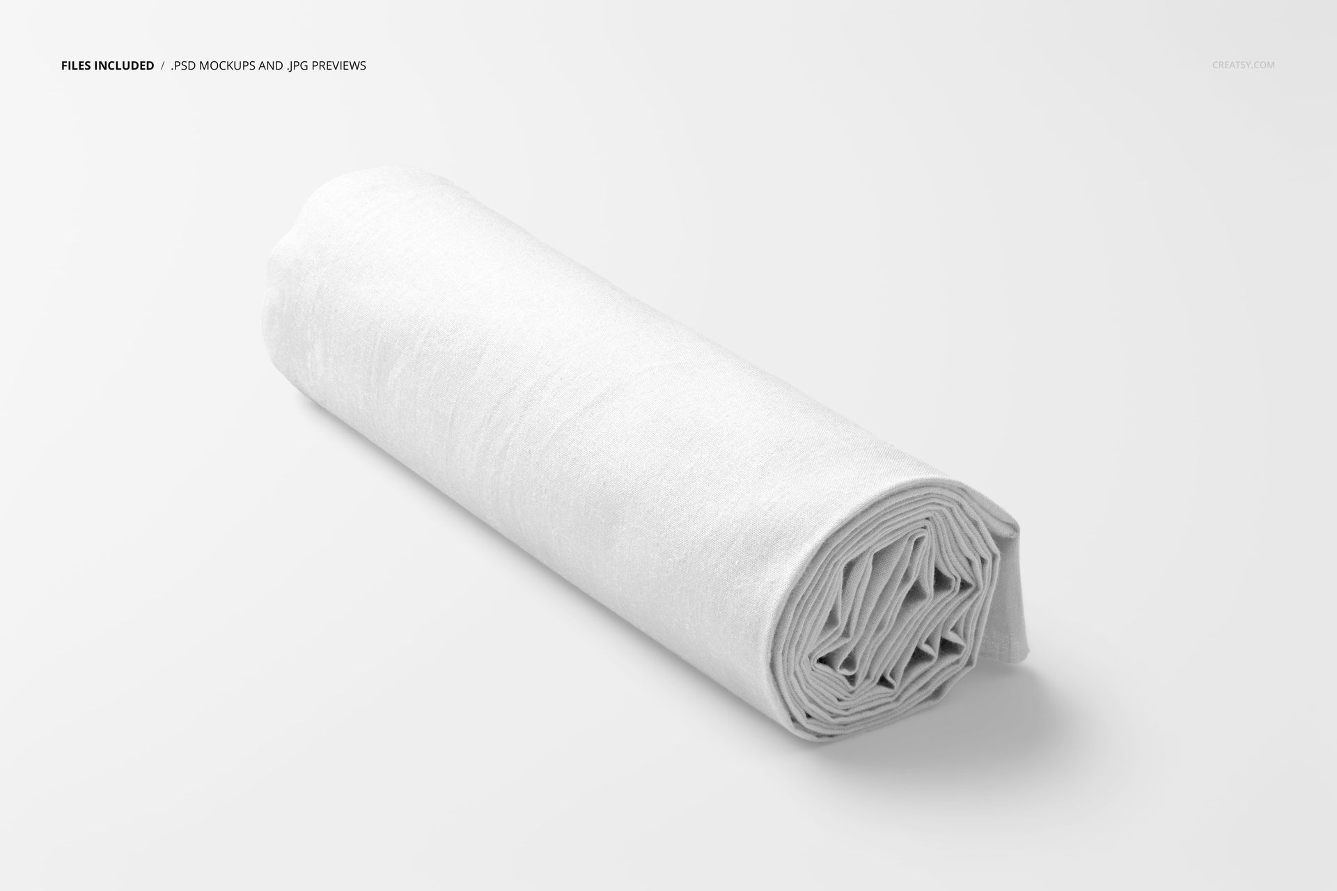 Front perspective of a rolled fabric mockup in white, neatly arranged with visible folds and minimal shadows.