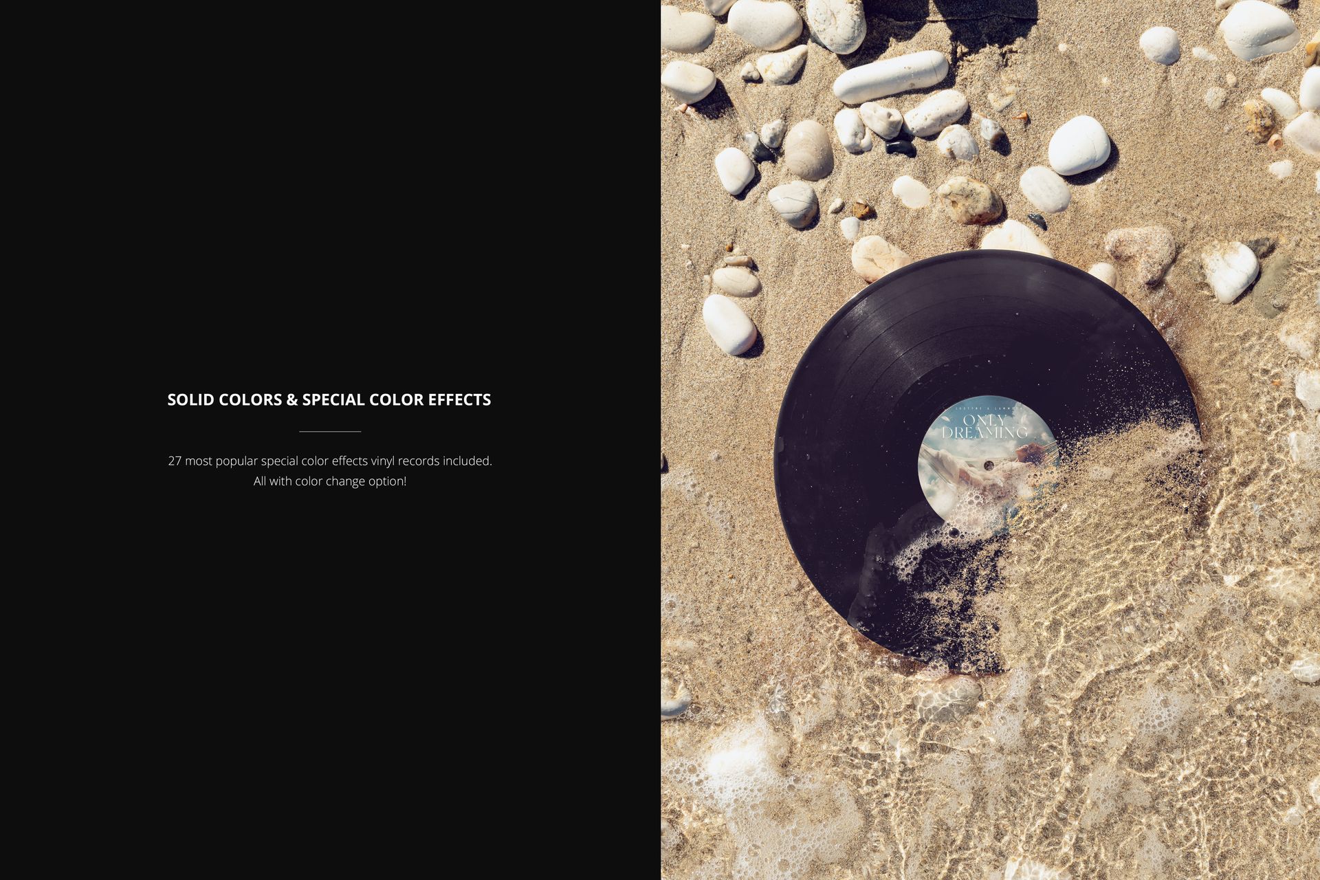 Vinyl record partially covered by sand and water on a rocky Adriatic shore, shown in a realistic mockup scene.