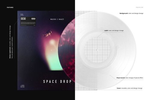 Front view of a vinyl record and square cover mockup, featuring a smoke effect design and split background in black and white.