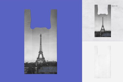 Front view of three plastic bags in a mockup set, featuring grayscale Eiffel Tower designs on a solid background.