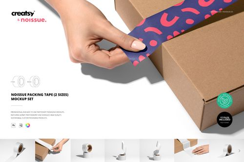 Front view of a brown cardboard box being sealed with colorful packing tape, shown in a packaging mockup scene.