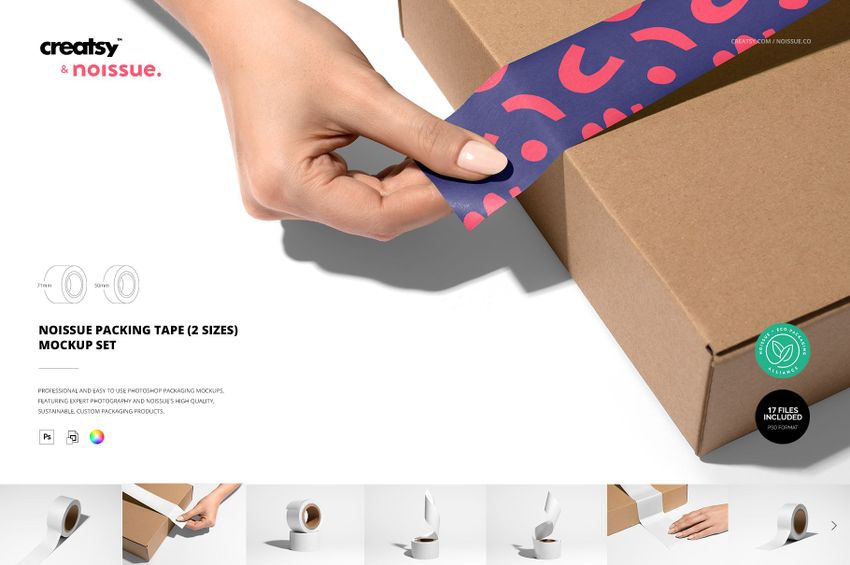 Front view of a brown cardboard box being sealed with colorful packing tape, shown in a packaging mockup scene.