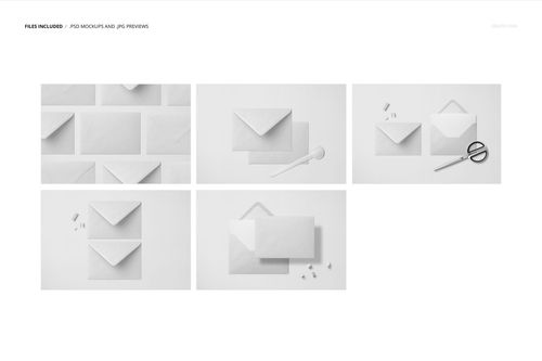Five kraft paper envelopes mockup layouts, each presented flat on a white background with stationery props.