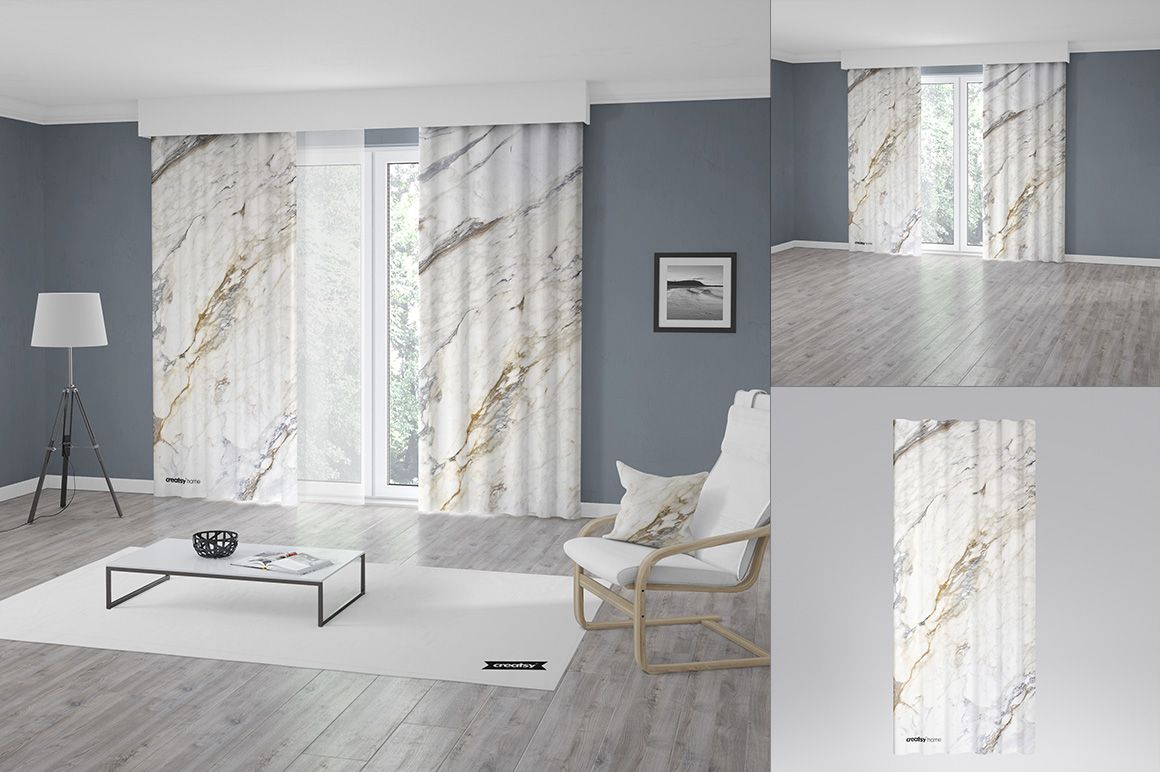 PSD mockup showing marble design curtains in a contemporary room with gray walls, light wood flooring, and minimal decor.