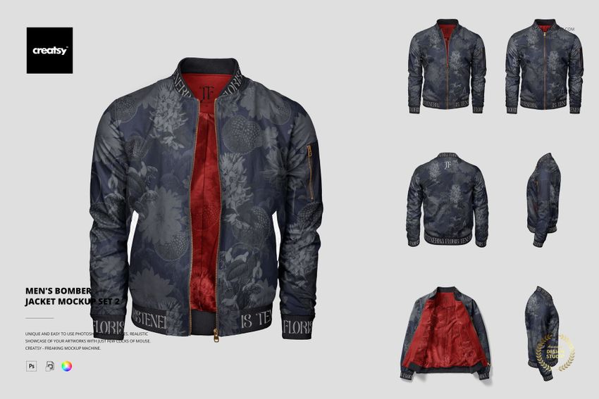 Men's bomber jacket mockup with dark floral pattern, shown zipped and unzipped, front and side views on gray background.