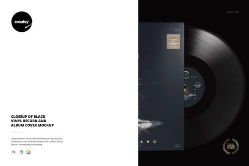 Black vinyl record and album cover mockup displayed from above, with record half inserted into the sleeve on a dark surface.