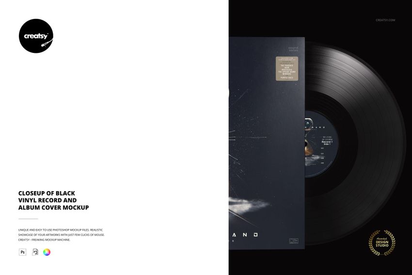 Black vinyl record and album cover mockup displayed from above, with record half inserted into the sleeve on a dark surface.