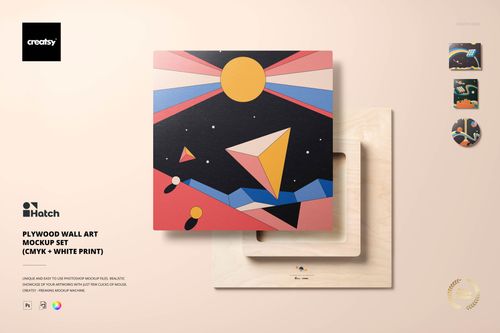 Front view of a square plywood wall art mockup with geometric abstract design in bold colors, set on a light background.