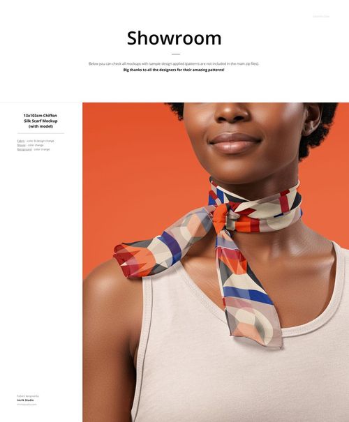 Colorful geometric patterned fabric mockup wrapped around the neck, shown against an orange background.