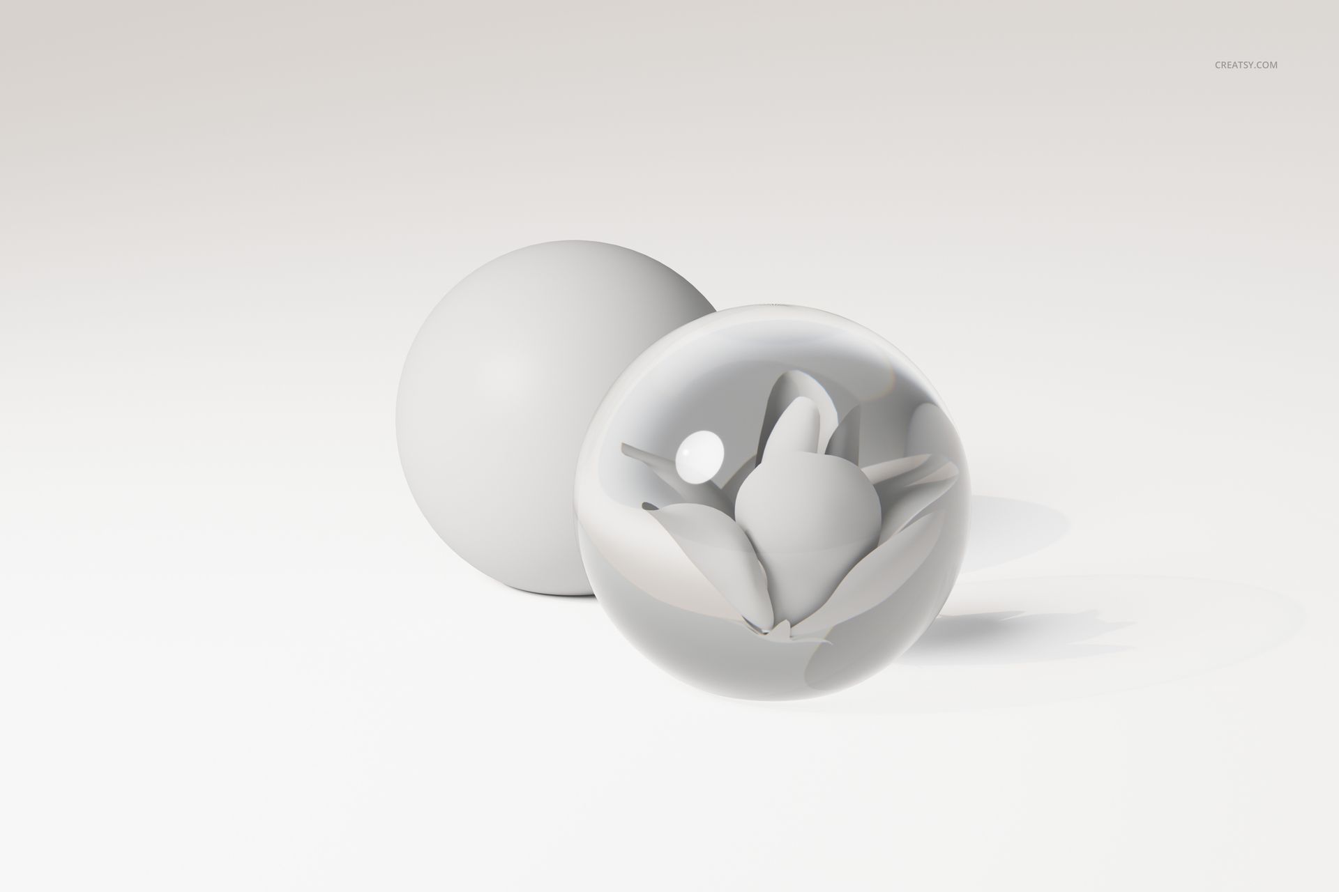Front view of a preserved flower crystal ball 3D model with translucent sphere and visible flower inside on a light background.