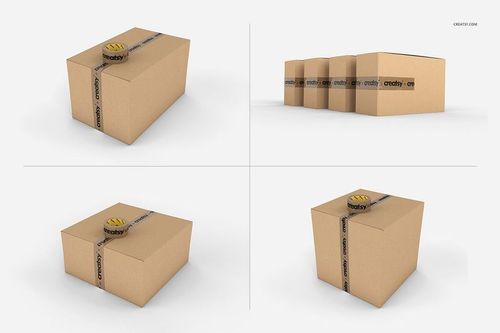 Cardboard boxes in various arrangements with black and yellow packing tape, displayed in a realistic mockup scene.