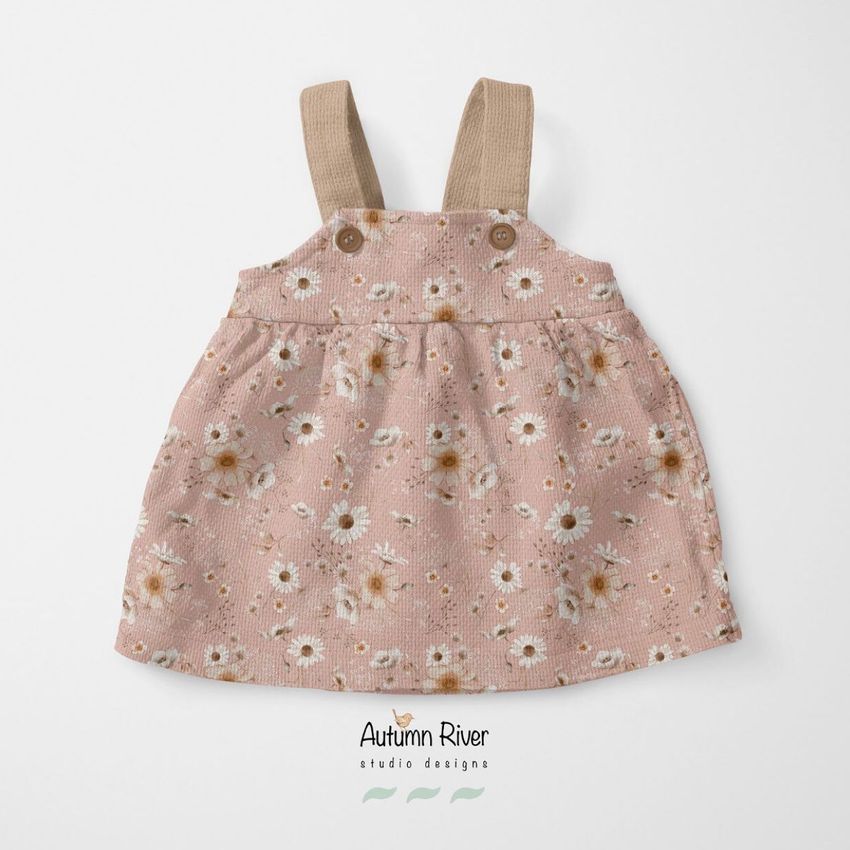 Baby dress mockup featuring a sleeveless dress with beige straps and a pink floral pattern, displayed on a plain white background.