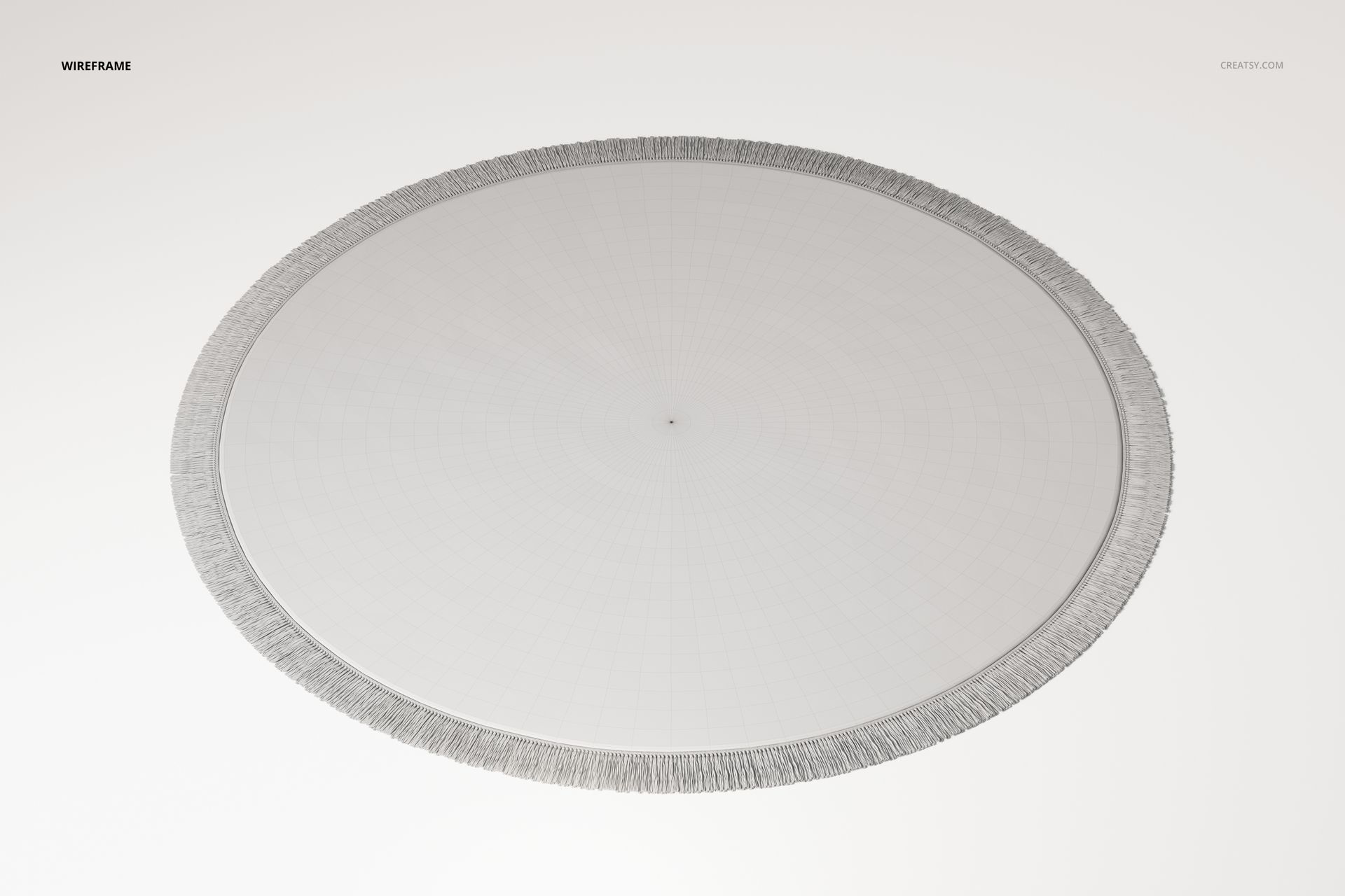 Round fringed rug with a light gray surface and subtle grid pattern, shown from a top view on a plain background.