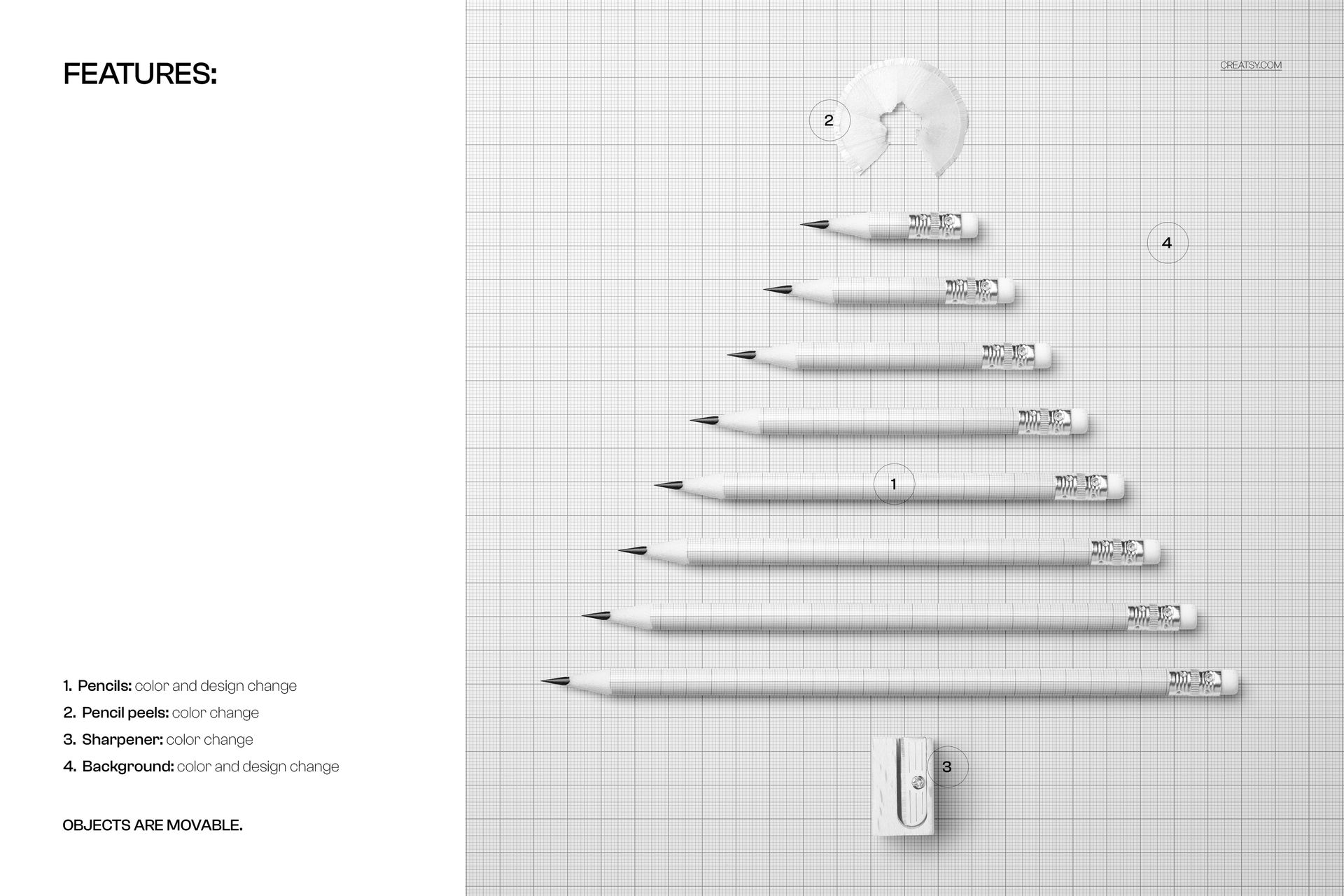 Mockup featuring customizable pencils forming a Christmas tree, pencil peel star, and sharpener trunk on a grid surface.