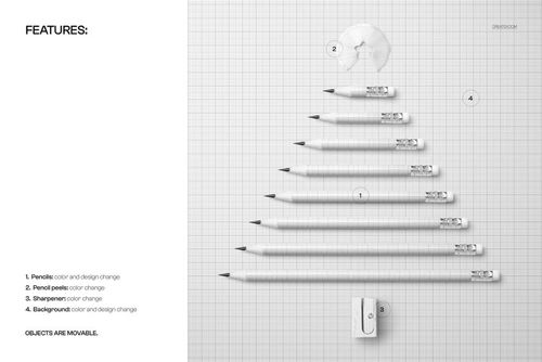 Mockup featuring customizable pencils forming a Christmas tree, pencil peel star, and sharpener trunk on a grid surface.