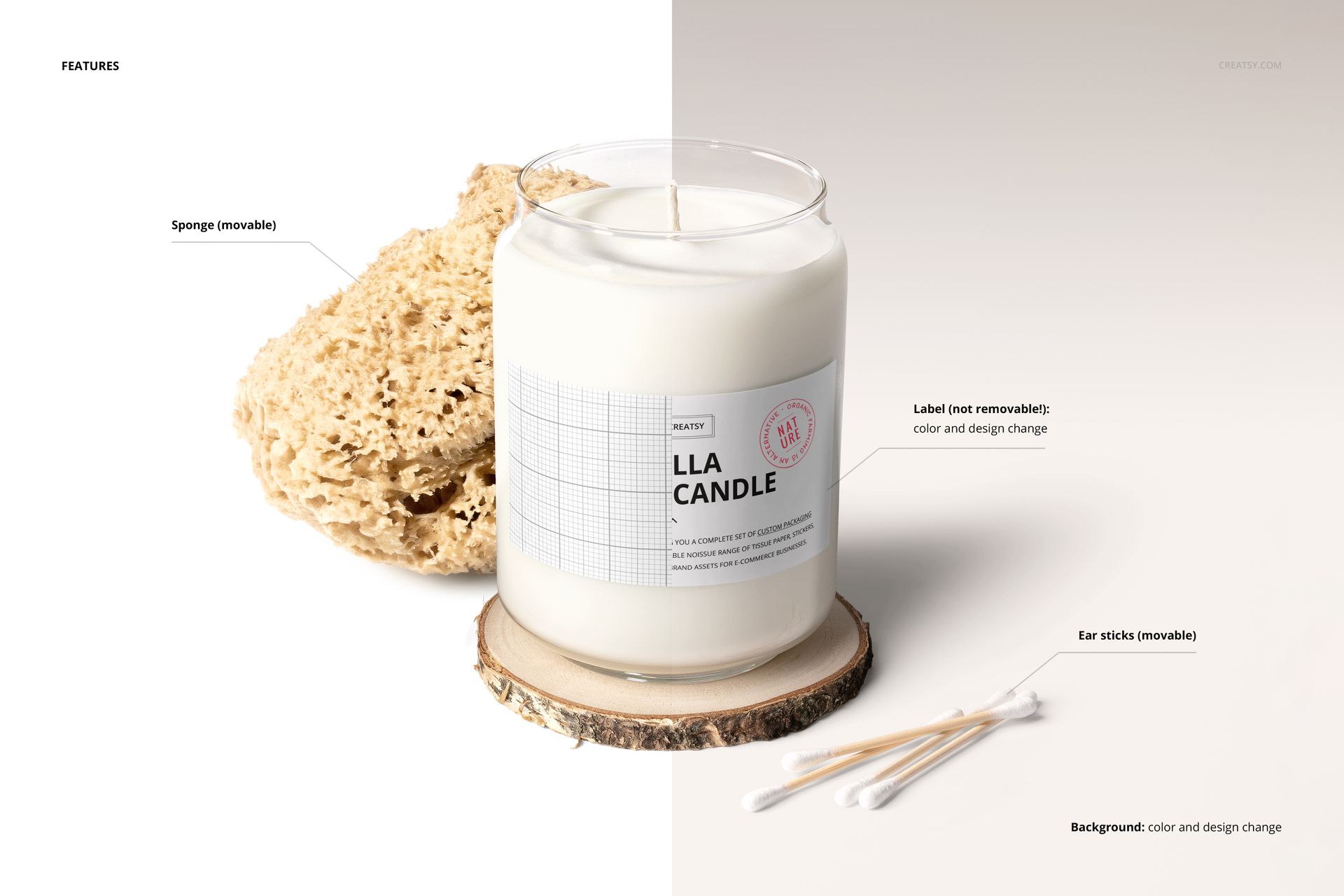 Glass candle mockup set displayed with a removable label, wooden coaster, sponge, and ear sticks on a light background.