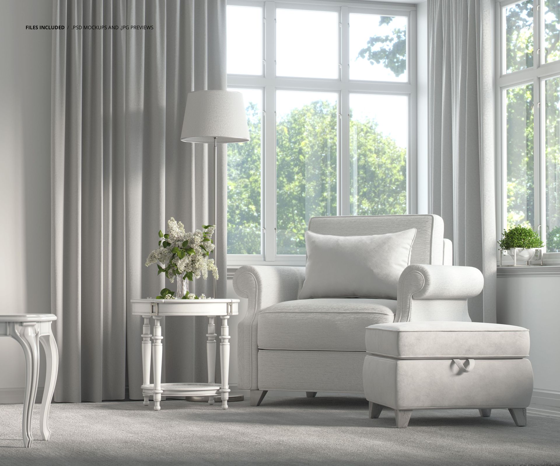 Front view of a classic armchair and ottoman mockup set in a sunlit Victorian room with neutral tones and floral decor.