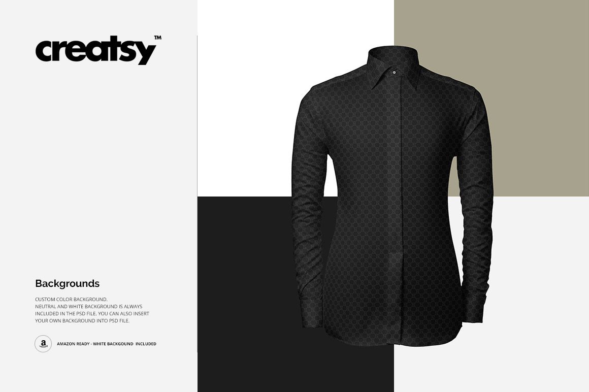 Front view of a formal dress shirt mockup with a subtle geometric pattern, displayed against a four-color background.