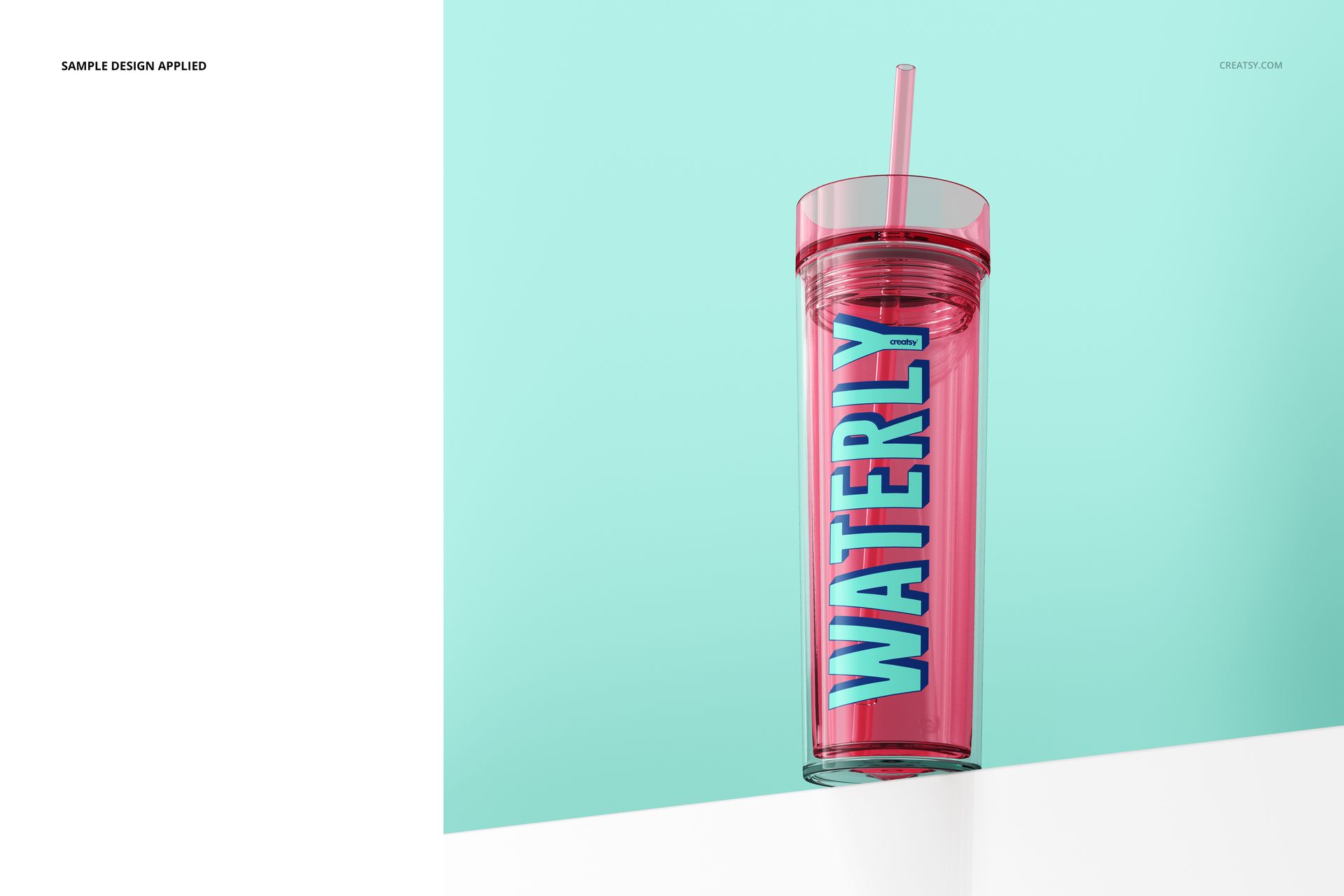 Front view of a clear pink acrylic tumbler with matching lid and straw, bold blue lettering, mockup scene.