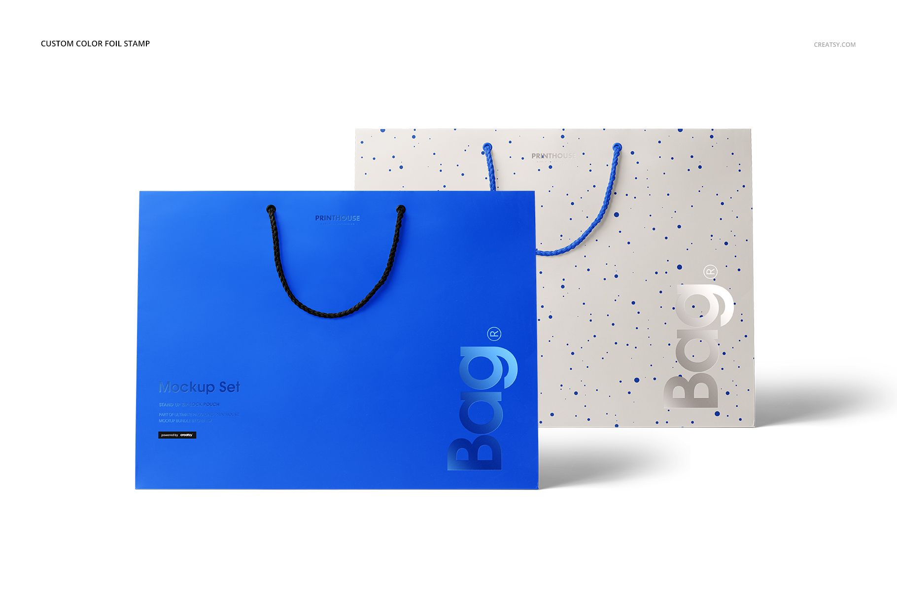 Eurotote bag mockup set featuring a blue bag and a white bag with blue dots, shown side by side on a white surface.