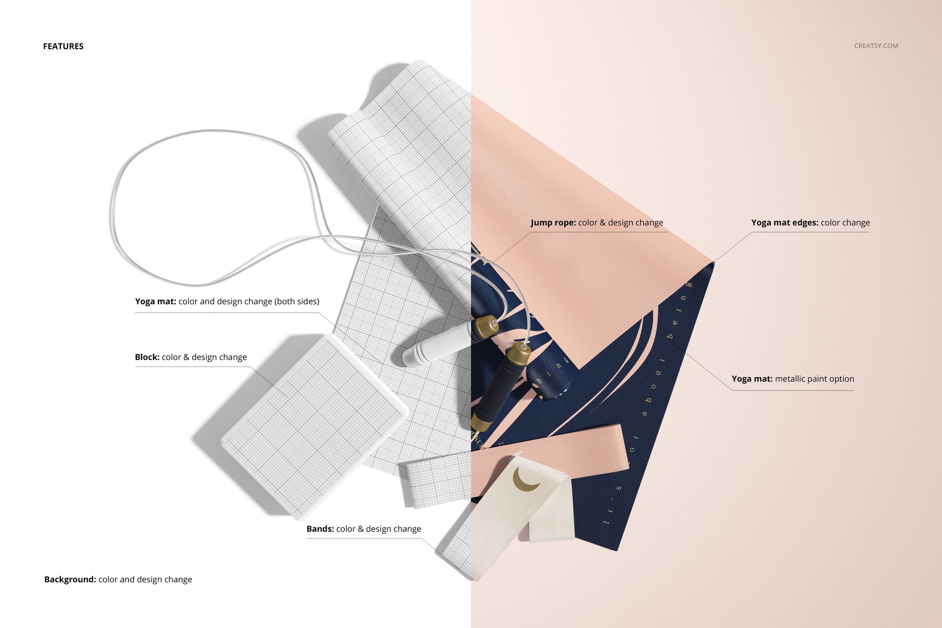 Top view of yoga mat mockup set with mats, blocks, and bands in pastel colors on a split white and pink background.