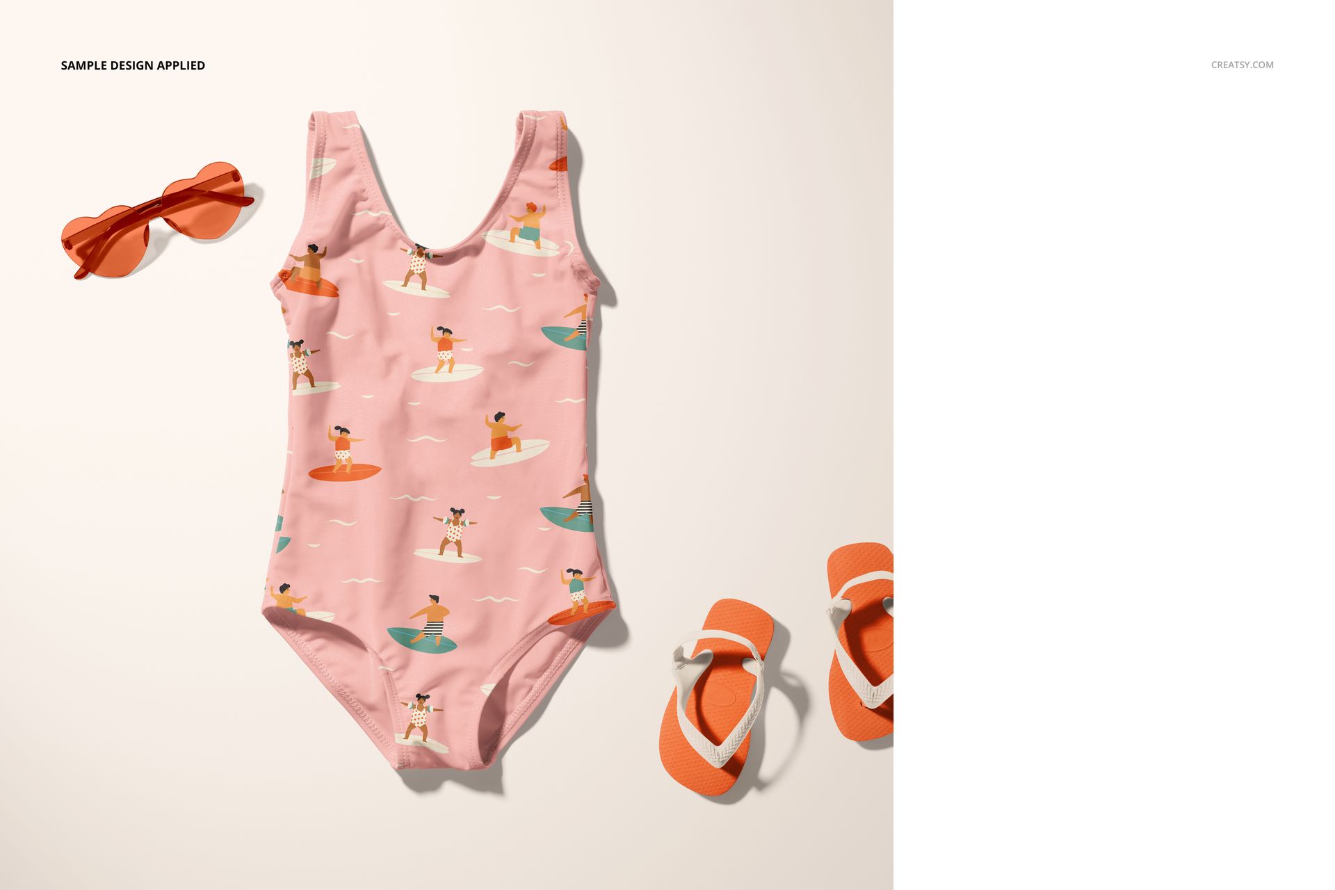 Baby swimsuit PSD mockup featuring a pink one-piece with cartoon dog surfers, orange flip-flops, and heart-shaped sunglasses.