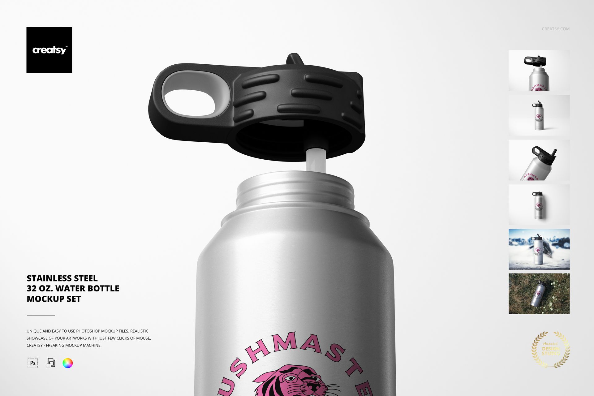 Close-up front view of a stainless steel 32 oz. water bottle mockup featuring a black lid and silver finish.