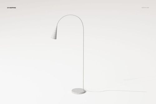 Mid-century arc floor lamp 3D model with a curved stand and conical shade, shown on a plain white background.